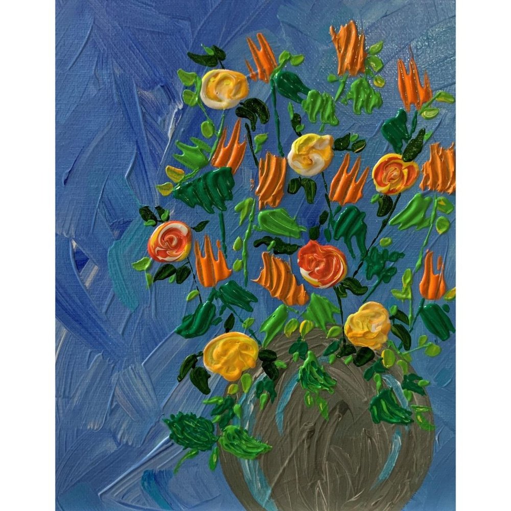Sunny Flowers in a Vase, Abstract Floral Painting